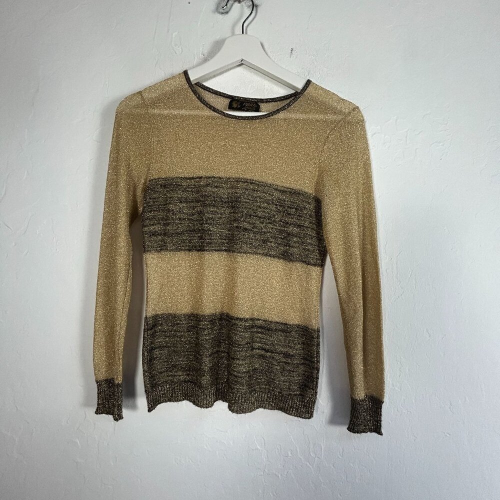 Zazy Paris Womens Colorblock Black Gold Metallic Sweater Crew Neck Pullover